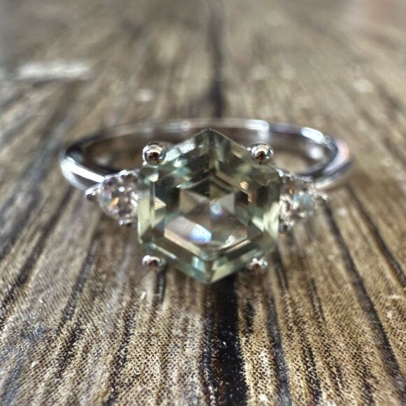 Green Amethyst White Gold Plated Sterling Silver Ring - Picture 2 of 8